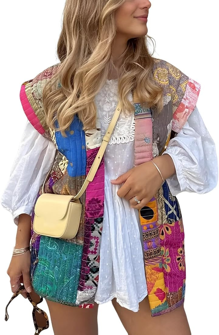 Yimoon Women's Cropped Puffer Vest Floral Print Lightweight Sleeveless Quilted Jacket Open Front ... | Amazon (US)