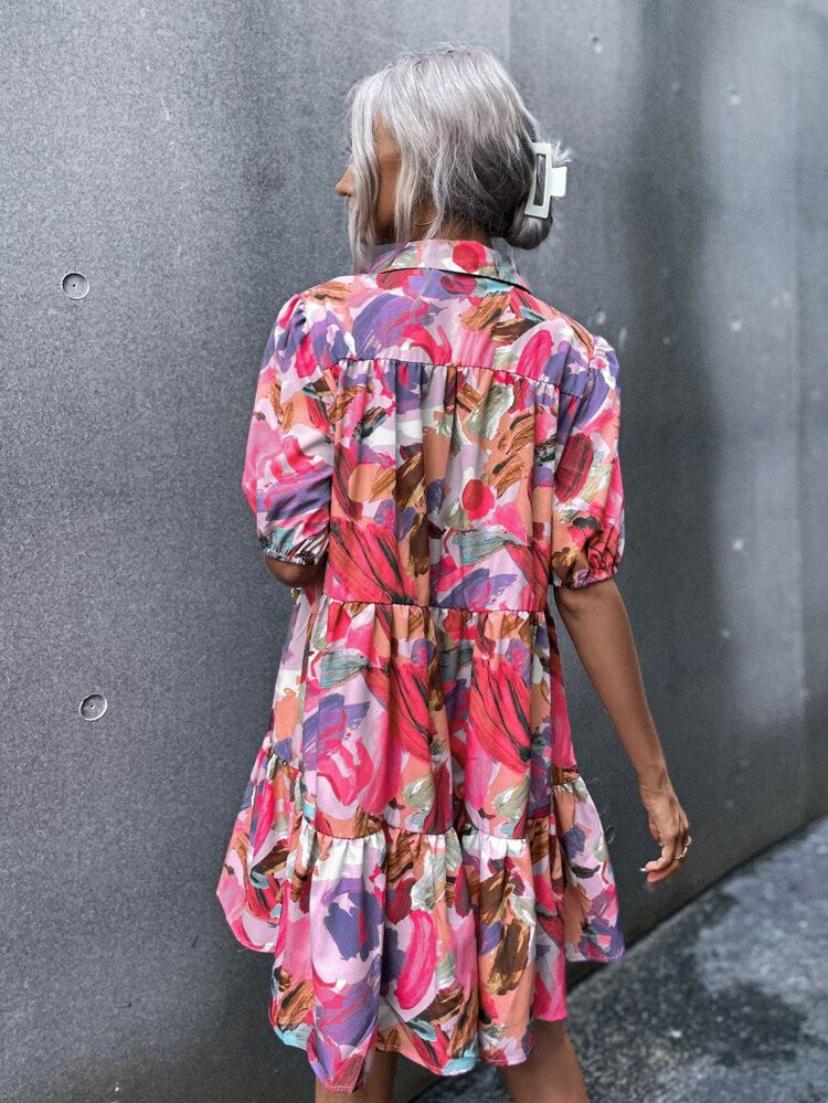 Brush Print Puff Sleeve Smock Dress | SHEIN