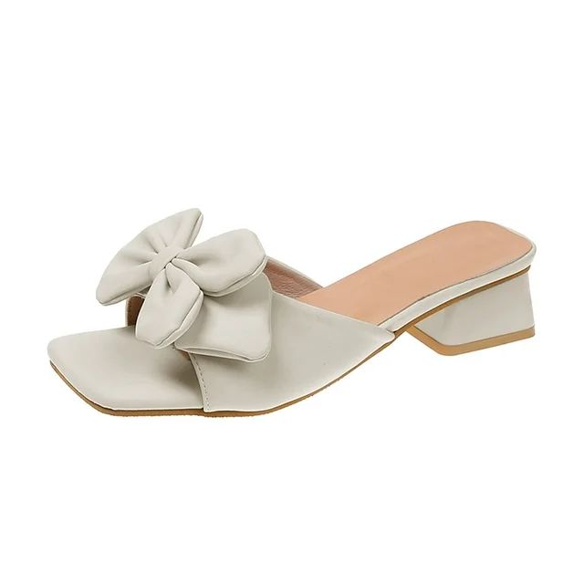 Platform Sandals Women Fashion Spring Bow Square Heel Middle Heel Solid Color Shoes White 40 | Walmart (US)
