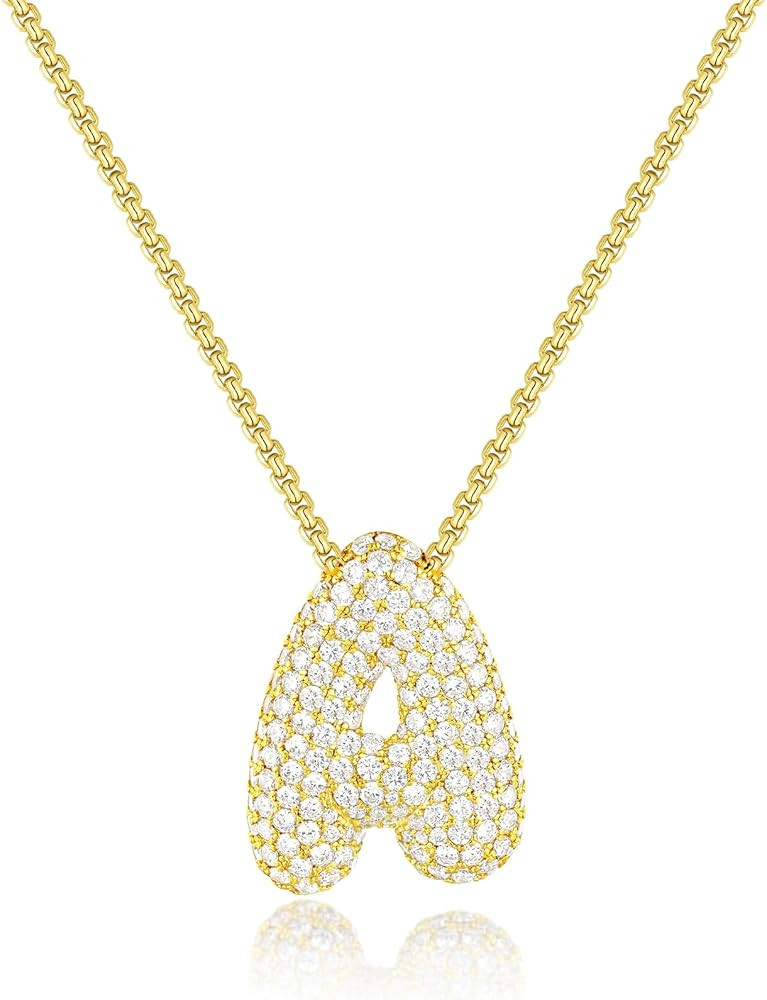 KissYan Bubble Letter Necklace, 14K Gold Plated Balloon Initial Pendant Box Chain Necklace Dainty... | Amazon (US)
