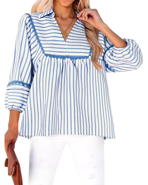 Tankaneo Womens Striped Babydoll Tops Oversized 3/4 Sleeve Peplum Blouse Casual Loose Fit Pleated... | Amazon (US)