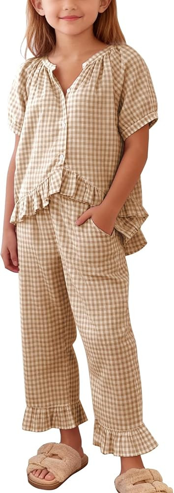 Flygo Girls Gingham 2 Piece Outfits Cotton Plaid Short Sleeve Button Down Peplum Top and Y2K Cute... | Amazon (US)