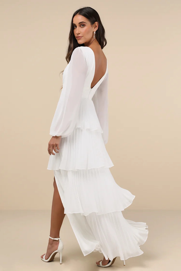 Graceful Finesse White Pleated Long Sleeve Maxi Dress | Lulus