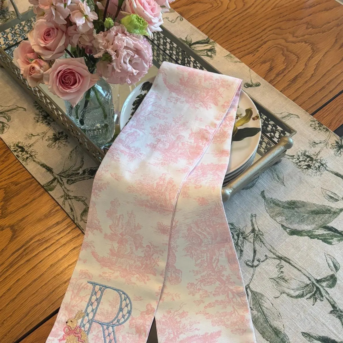 Grandmillennial Coquette Easter Bunny Pink Toile Wreath Sash | Etsy (US)