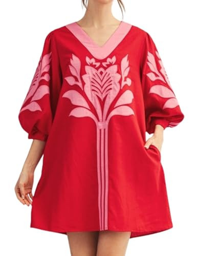 InterNos Women's Summer Applique Floral Mini Dress V Neck 3/4 Puff Sleeve Casual Shift Dress with Pockets(1045-Red-S) | Amazon (US)