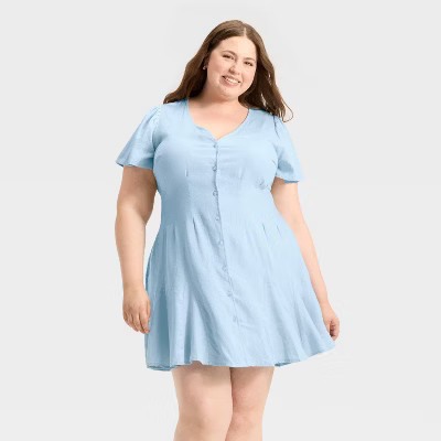 Women's Short Sleeve Button-Front Mini A-Line Dress - Universal Thread™ Light Blue 4X | Target