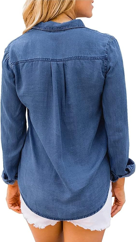 Vetinee Women's Button Down Denim Shirt Collared Casual Long Sleeve Pocket Tops | Amazon (US)
