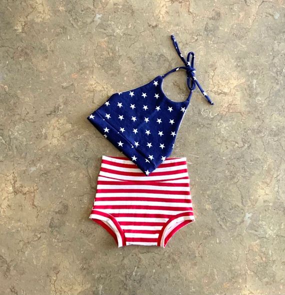 4th of July Cropped Halter Top and Bummie Set, Baby Bummie Girls Stars and Stripes Clothing Indep... | Etsy (US)