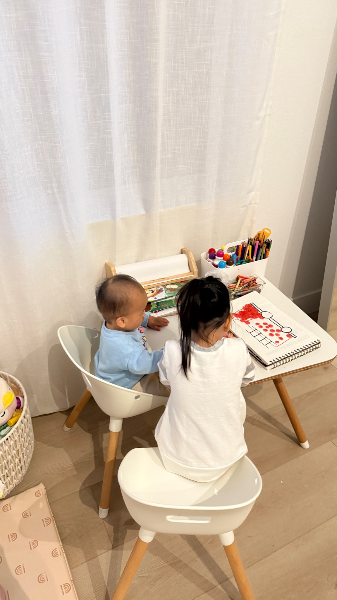seeing them together makes my heart melt! my older girl always wants to sit next to little sister 🥹💖 #momof2 #playroom #kidstable #lalo #crafts 

#LTKBaby #LTKHome #LTKKids