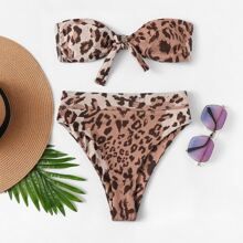 Leopard Tie Front Bandeau High Leg Bikini Set | SHEIN