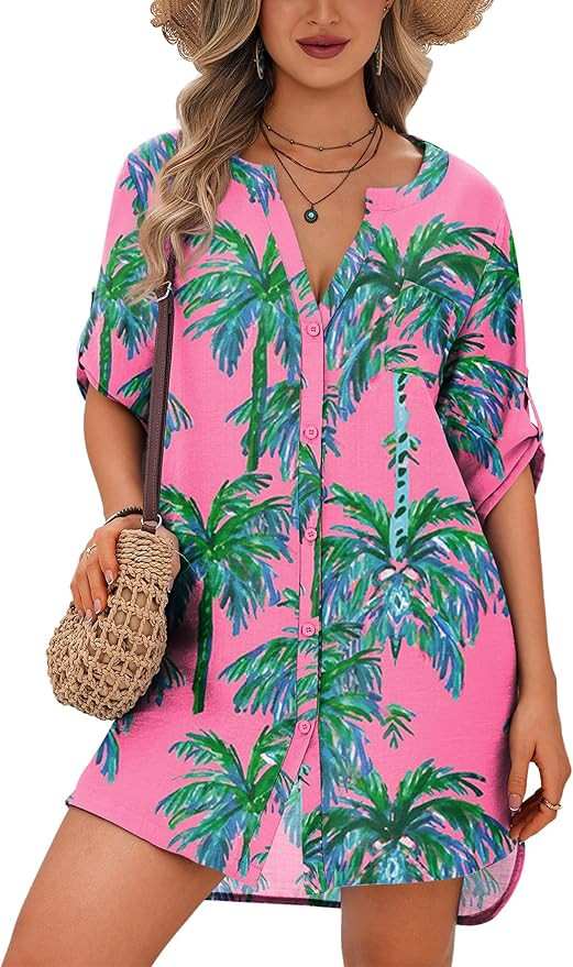 Ekouaer Bathing Suit Cover Up for Women V Neck Button Down Swimsuit Coverup Beach Dress Shirt S-3... | Amazon (US)