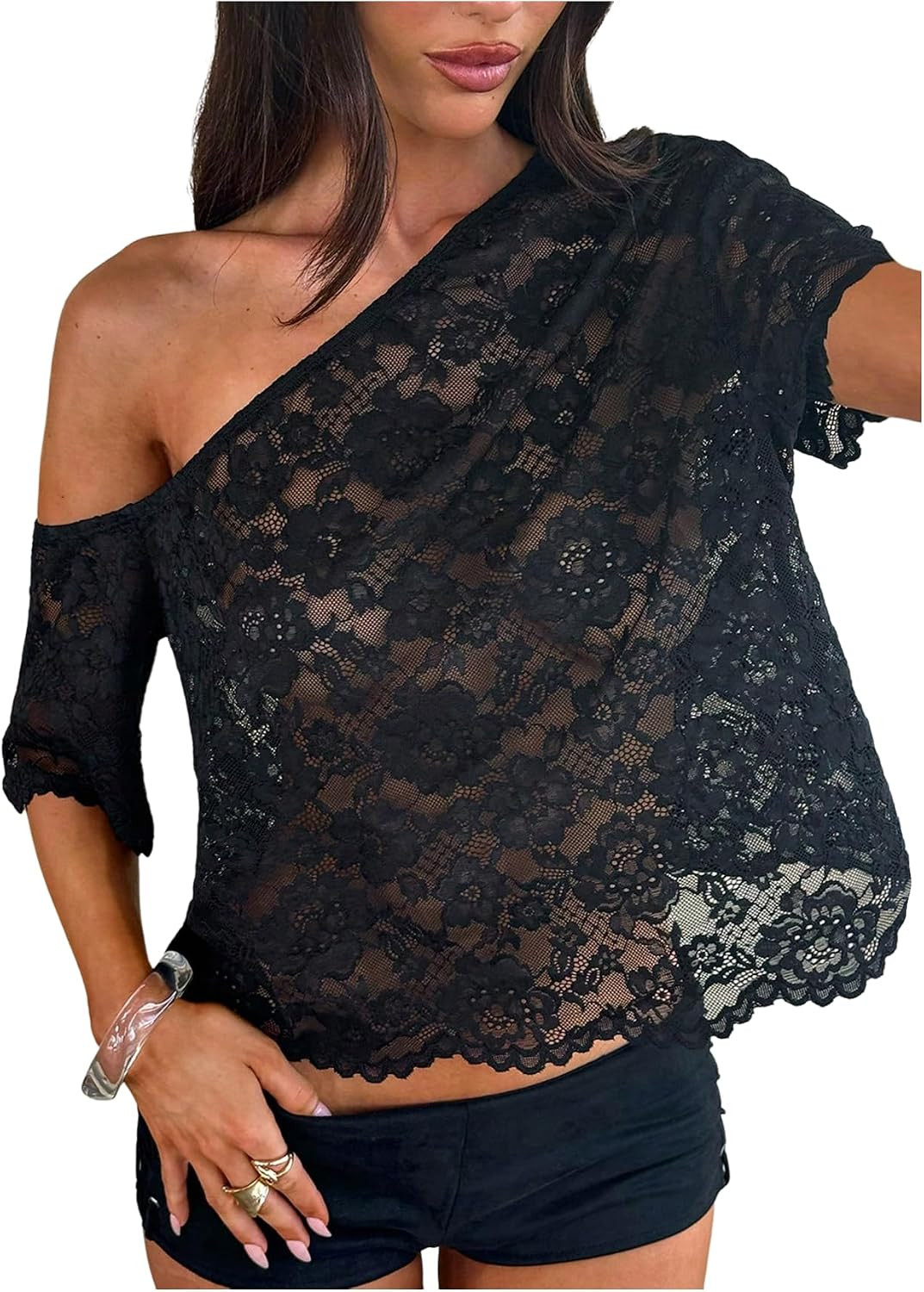 GORGLITTER Women's Lace Off The Shoulder Sheer Mesh Short Sleeve Crop T Shirt Y2k See Through Tee Shirts | Amazon (US)