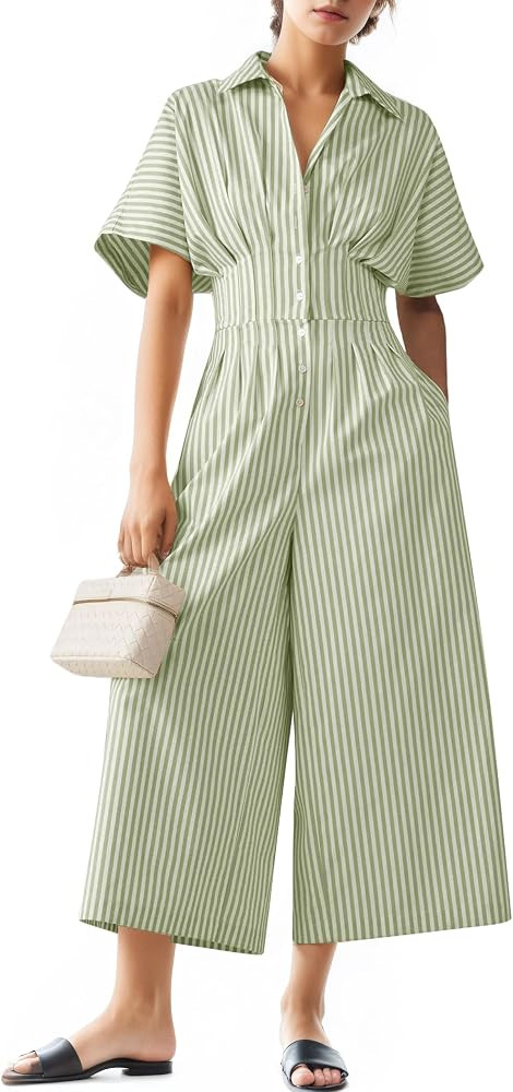 Women's Dressy Casual Loose Jumpsuits One Piece Striped Short Sleeve Button Down Shirt Wide Leg R... | Amazon (US)