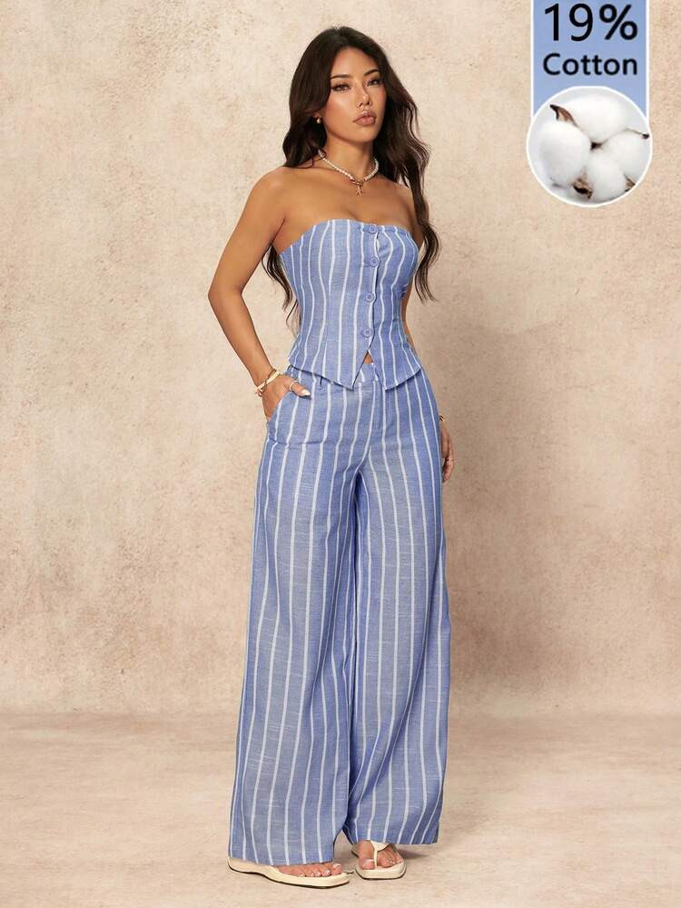 SHEIN PETITE Women's Casual Striped Single-Breasted Camisole Top And Wide-Leg Pants Fashion 2 Pieces Set Lounge Sets For Women,For Daily Wear Blue And White Stripes | SHEIN