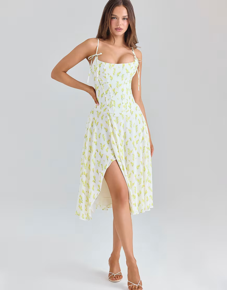 House of CB Yvette lemon floral print georgette midi dress in lemon floral-Yellow | ASOS (Global)
