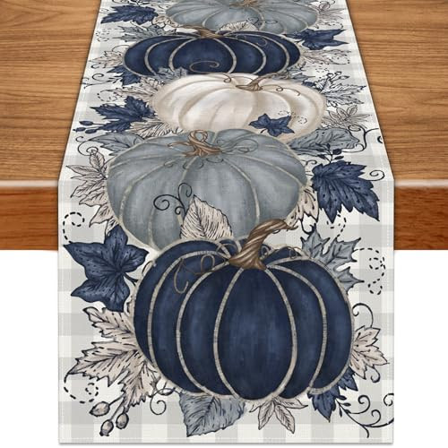 Fall Thanksgiving Table Runner Buffalo Plaid Blue Vintage Pumpkin Decor | Amazon (US)