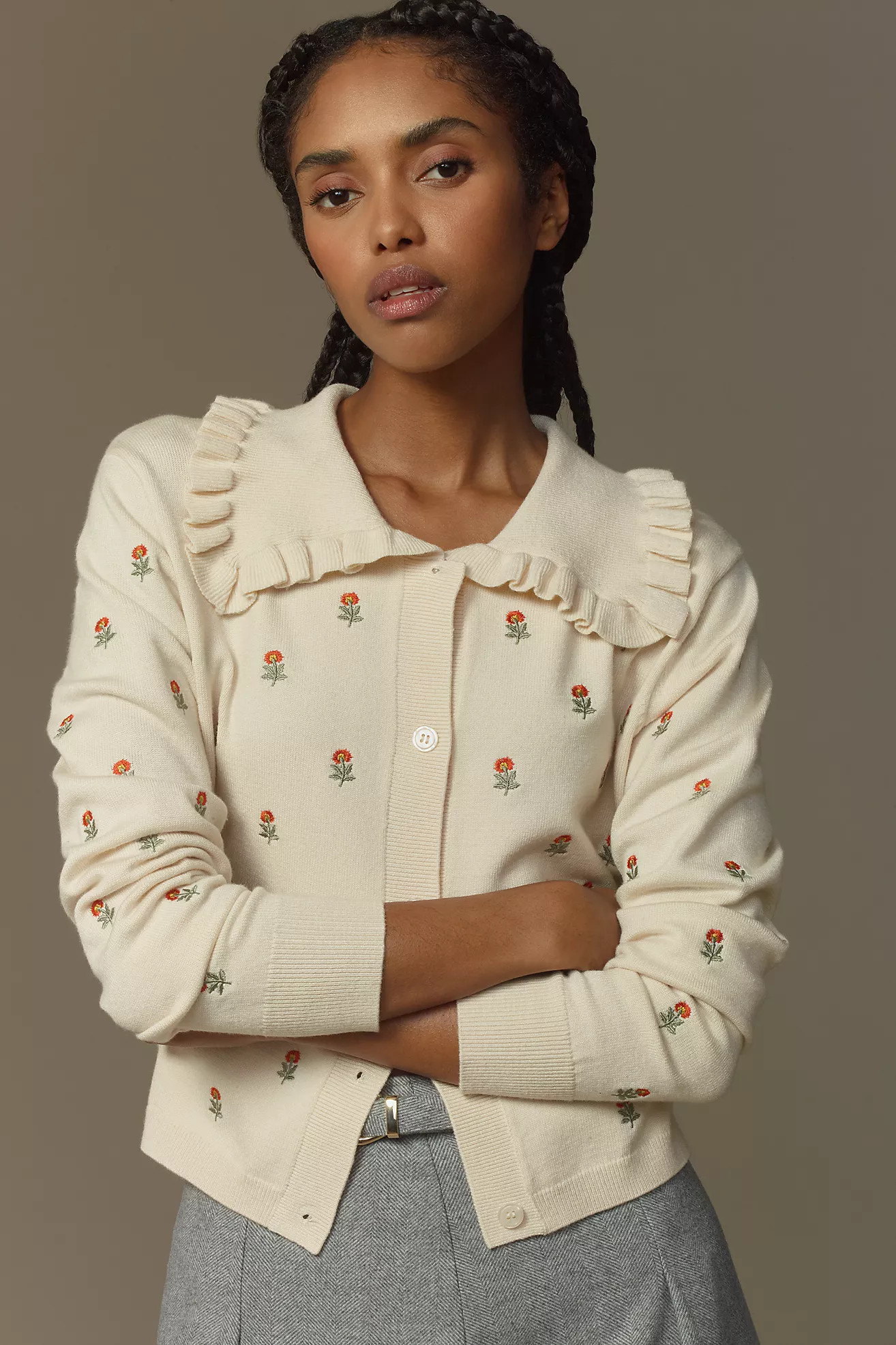 The Ainsley Ruffle-Collar Cardigan Sweater by Self Contrast: Embroidered Edition | Anthropologie (US)