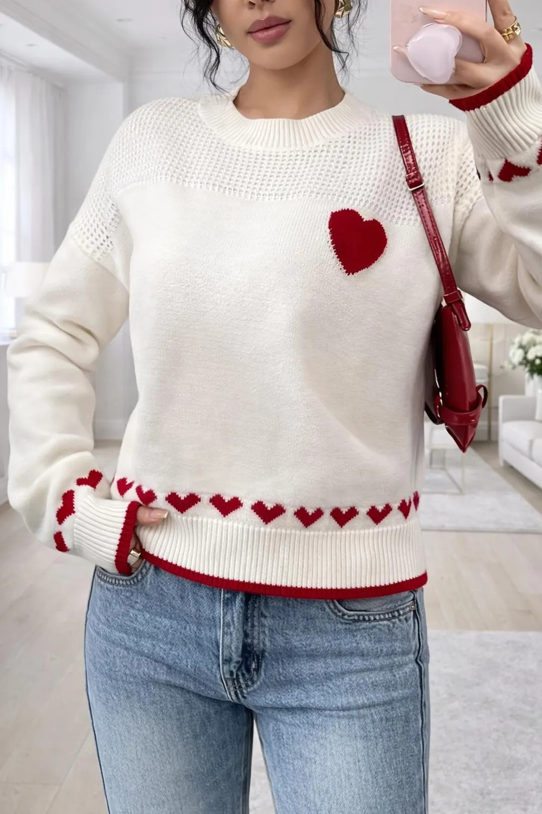 Heart Knit Sweater for Women, Valentine’s Day Gift, Cream Sweater with Red Hearts, Romantic Coz... | Etsy (US)