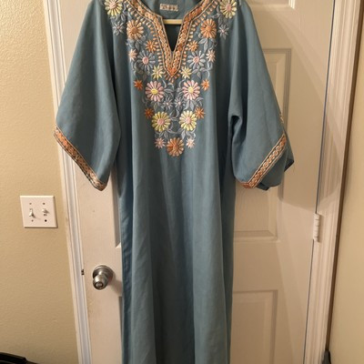 Vintage 1970s Butterfly Cotton Caftan Blue Embroidered Dress by Tesoro's Sz L/XL | eBay | eBay US