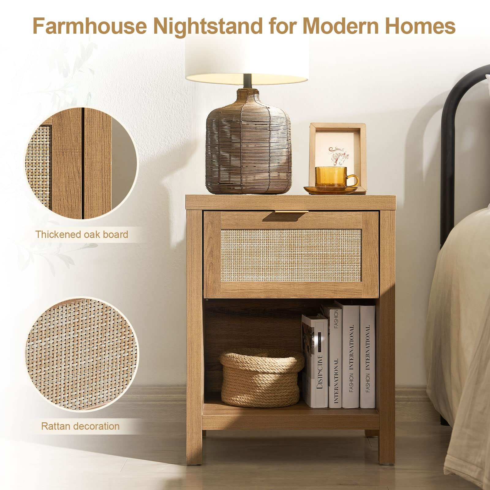 SICOTAS Rattan Nightstand Set of 2 - Farmhouse Night Stand with Drawer and Storage Shelf - Boho B... | Amazon (US)