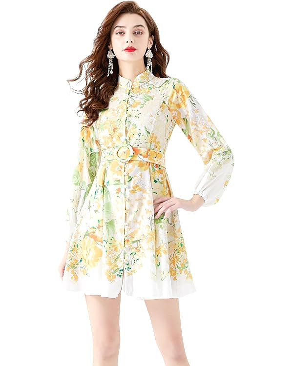 LAI MENG FIVE CATS Women's Lantern Sleeve Floral Print Button up Casual A-line Mini Dress | Amazon (US)