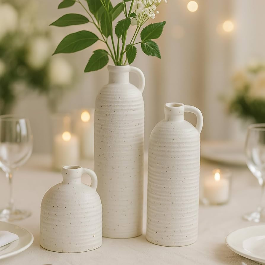 White Ceramic Vase Set of 3 with Handle – Ribbed and Dotted Jug Vases for Rustic Farmhouse Tabl... | Amazon (US)