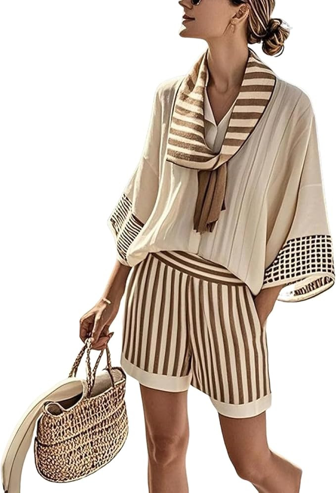 Women's Unique Blue and White Striped V-Neck 3/4 Sleeve Top and Pants 2026 Summer Stylish Comfortable For Casual Wear | Amazon (US)