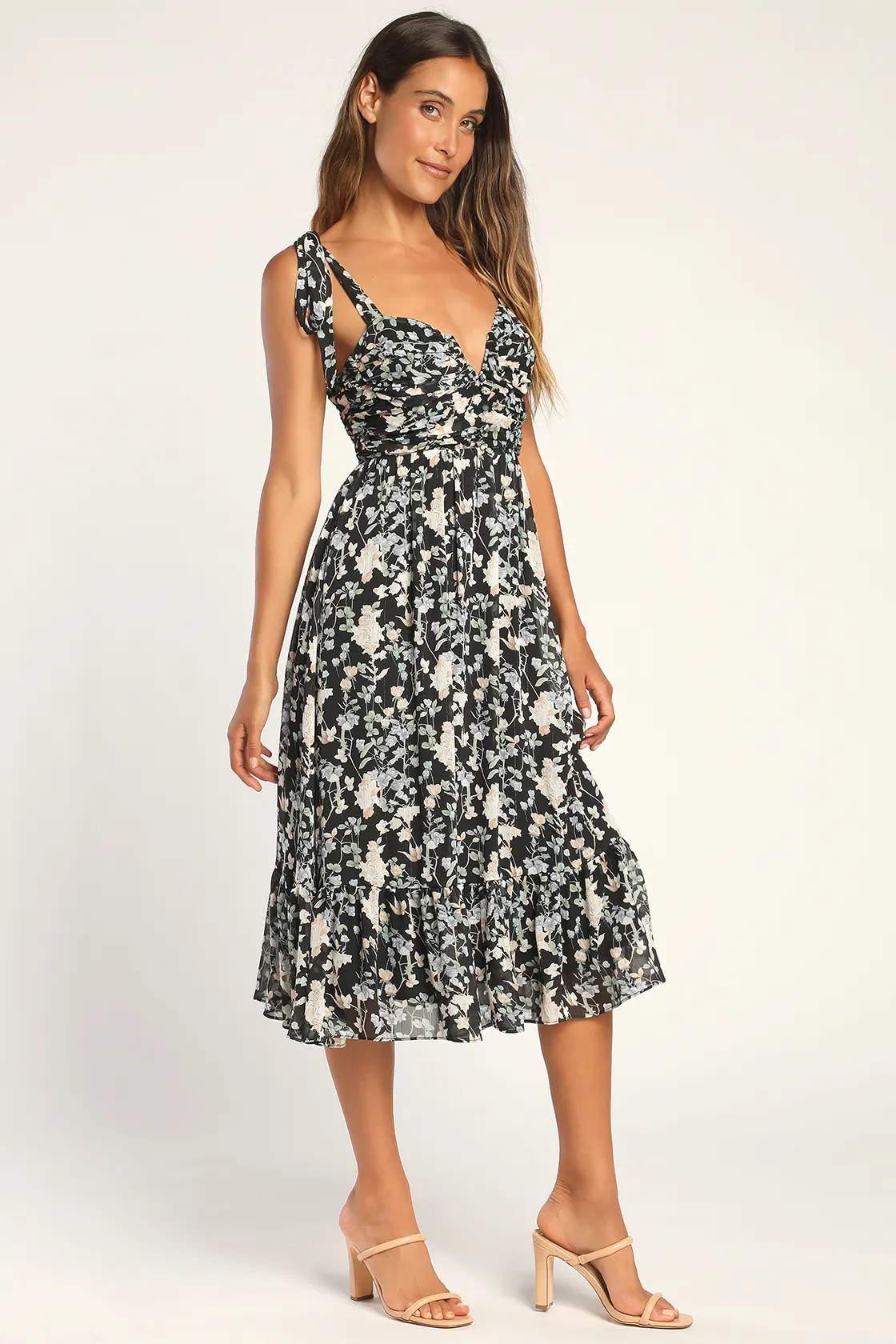 Lush Loveliness Black Floral Lurex Tie-Strap Midi Dress | Lulus (US)