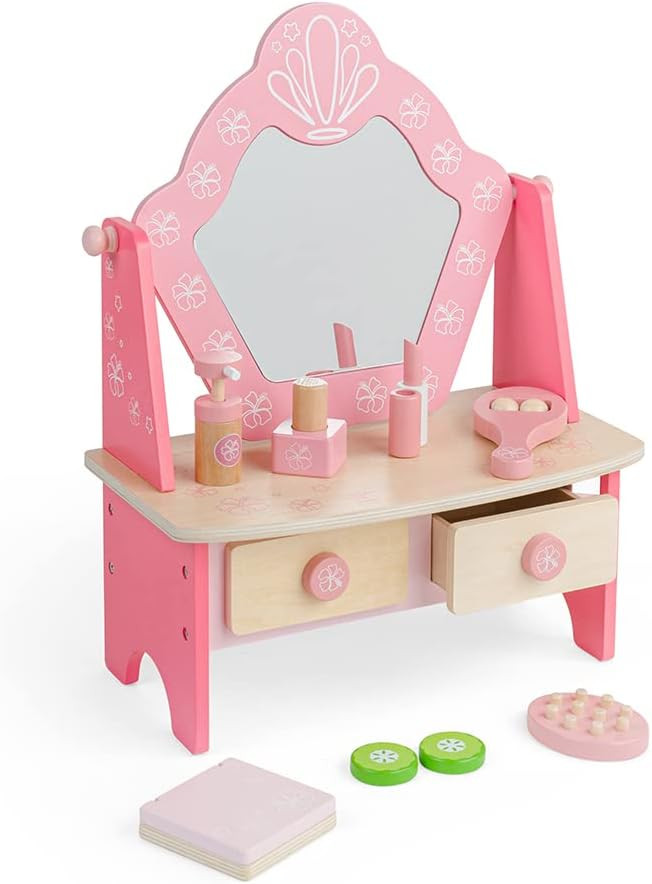 Bigjigs Toys Kids Vanity Table - Pink Table Top Vanity with Mirror, 2 Drawers & Pretend Makeup Se... | Amazon (US)