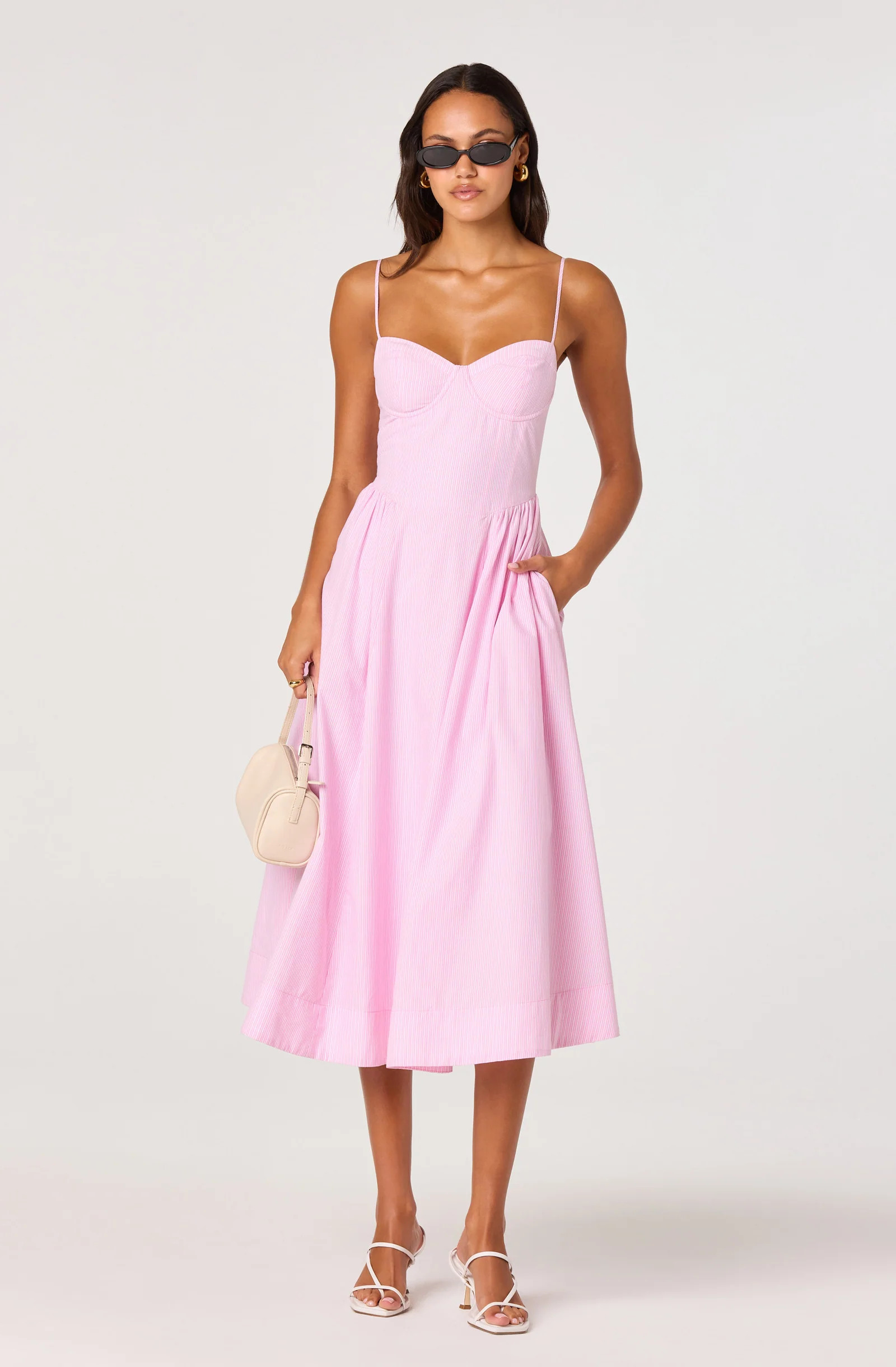 Bellamy Striped Sweetheart A-Line Midi Dress - Pink stripe / S | ASTR The Label (US)
