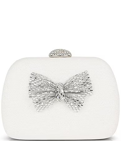 Badgley Mischka Ellie Jacquard Minaudere with Crystal Bow Clutch - White | Dillard's