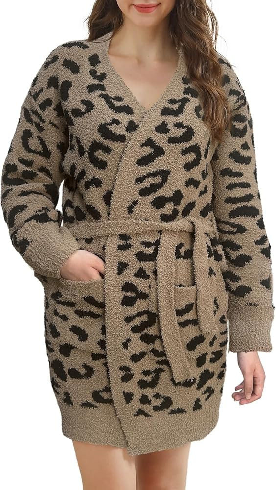 Womens Checkered Robe Soft Plush Bathrobe Soft Luxury Spa Robe with Belt Pockets Long House Loung... | Amazon (US)