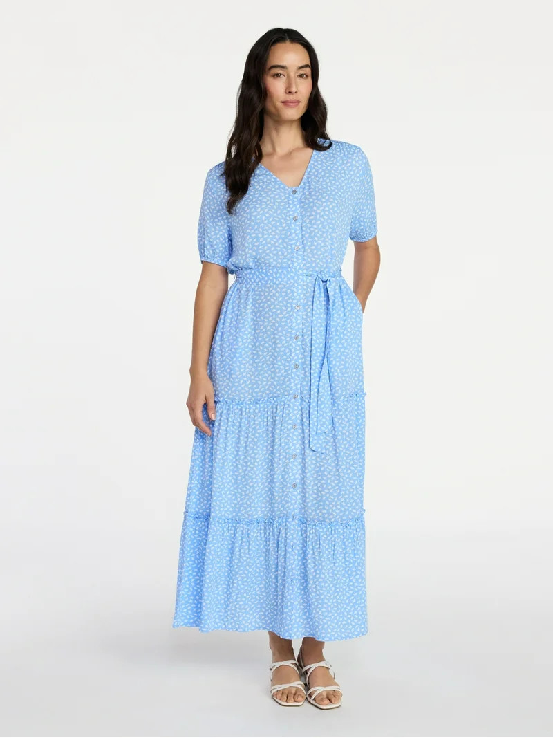 Time and Tru Women’s Crinkle Maxi Dress with Short Sleeves, Sizes XS-XXXL | Walmart (US)