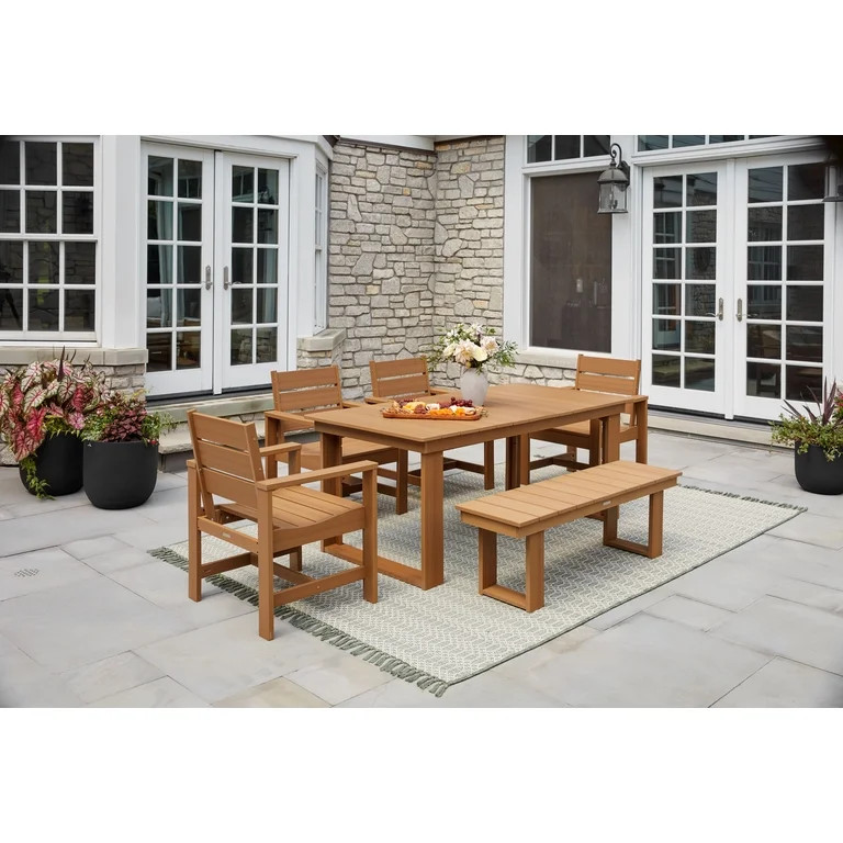 Better Homes & Gardens Ezra 6-Piece Outdoor HDPE Dining Set with Bench, Teak | Walmart (US)