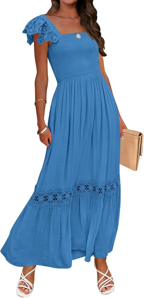 ZESICA Women's 2025 Summer Lace Strap Sleeveless Square Neck Smocked High Waist Ruffle Hollow Out... | Amazon (US)