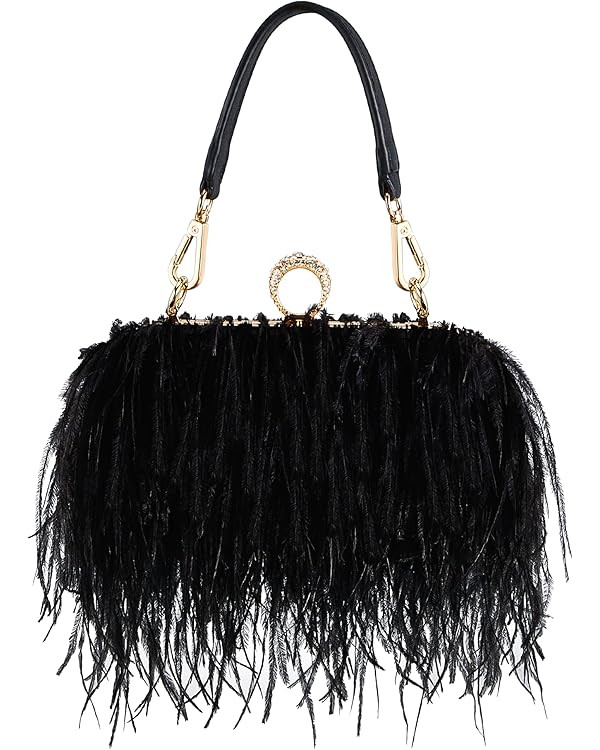 Tessco Women Ostrich Feather Tote Bag Fluffy Purse Clutch Feather Evening Handbag for Wedding | Amazon (US)