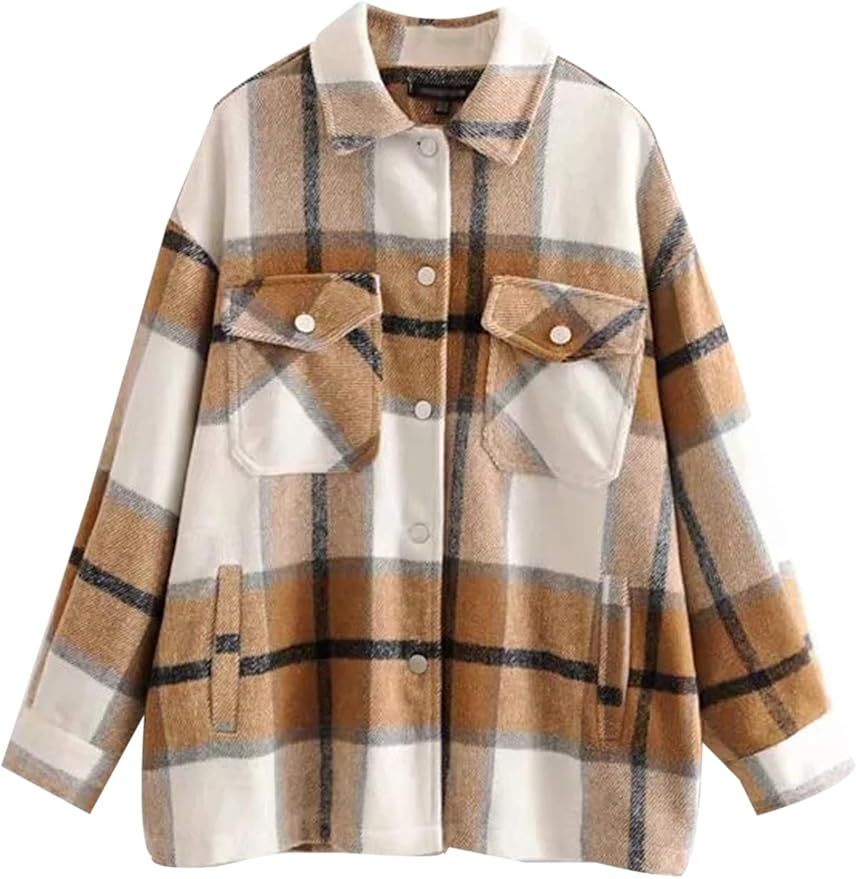 TWOWYHI Women Shacket Oversized Flannel Plaid Shirt Jacket for Women Long Sleeve Button Down Jack... | Amazon (US)