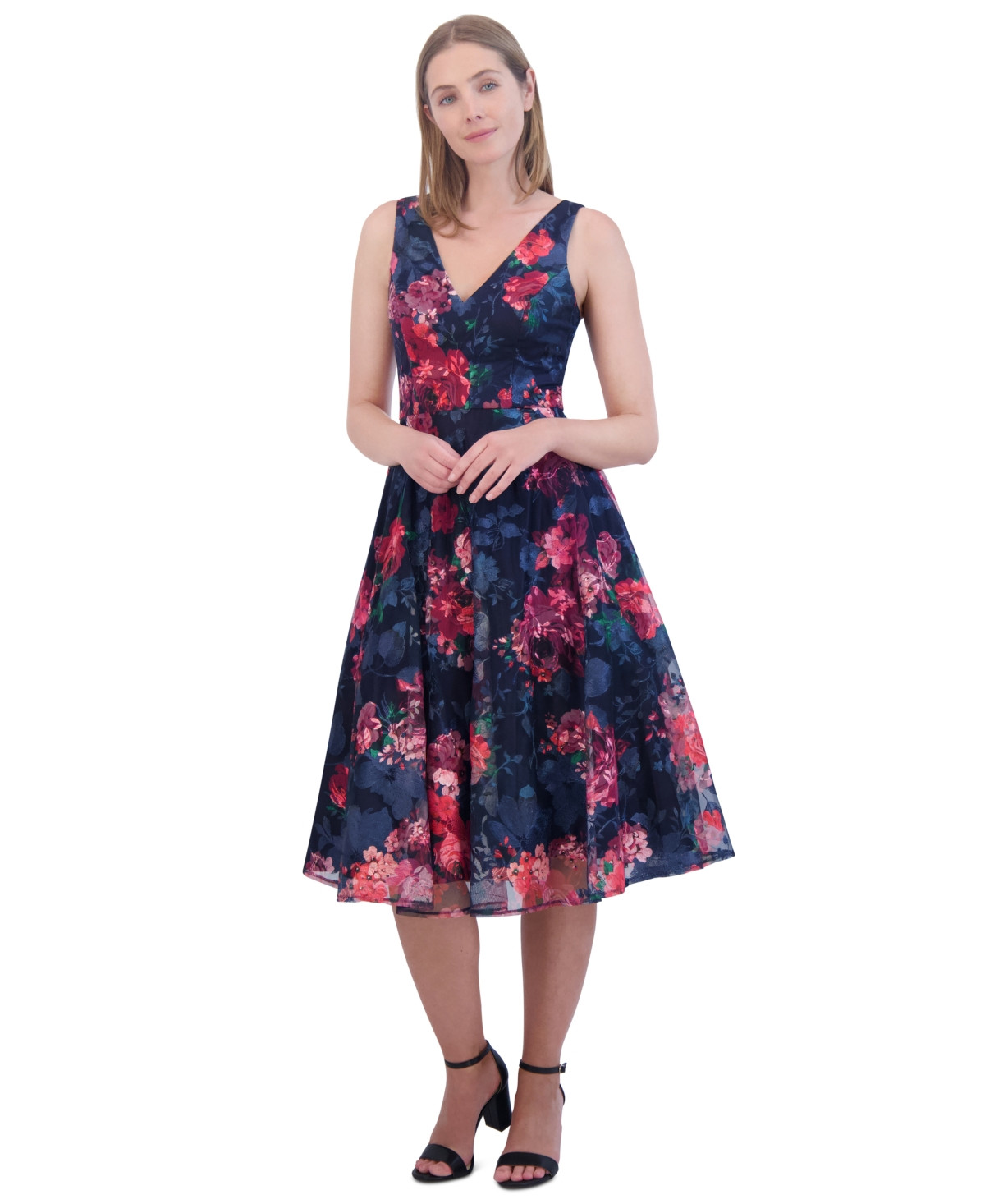 Eliza J Women's Floral Print Sleeveless Fit & Flare Dress - Navy Multi | Macy's