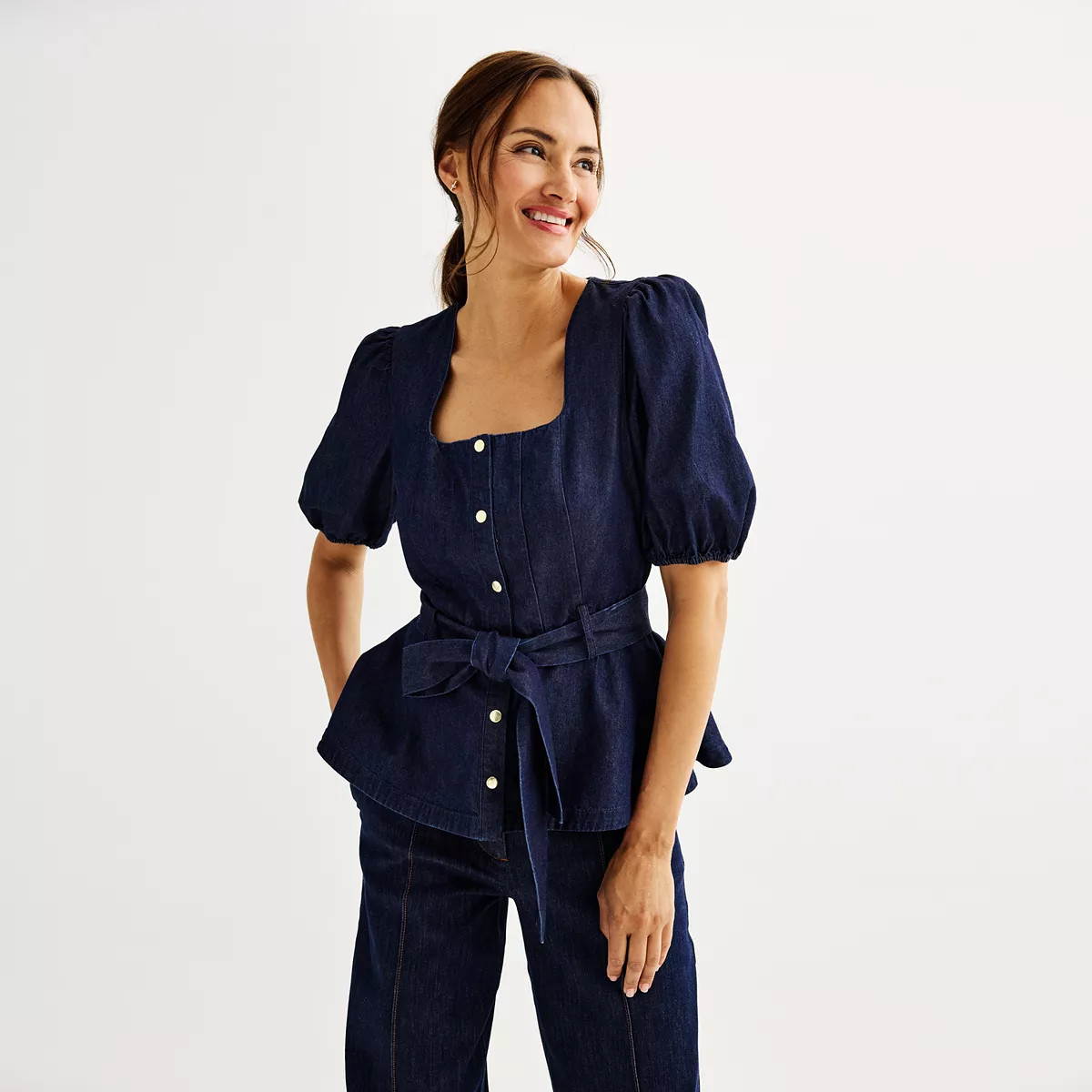 Women's Nine West Puff Sleeve Belted Squareneck Top | Kohl's