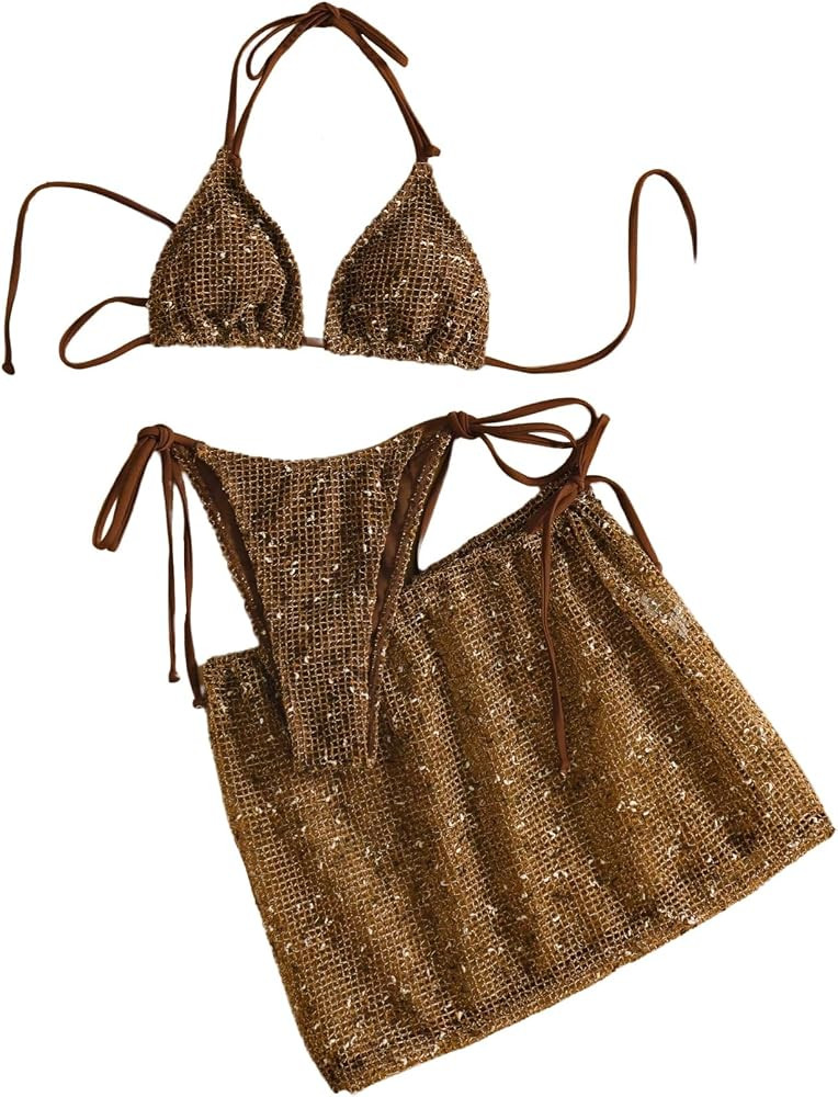 MakeMeChic Women's 3 Piece Crochet Bikini Sets Halter Triangle Summer Bathing Suit with Cover Up ... | Amazon (US)