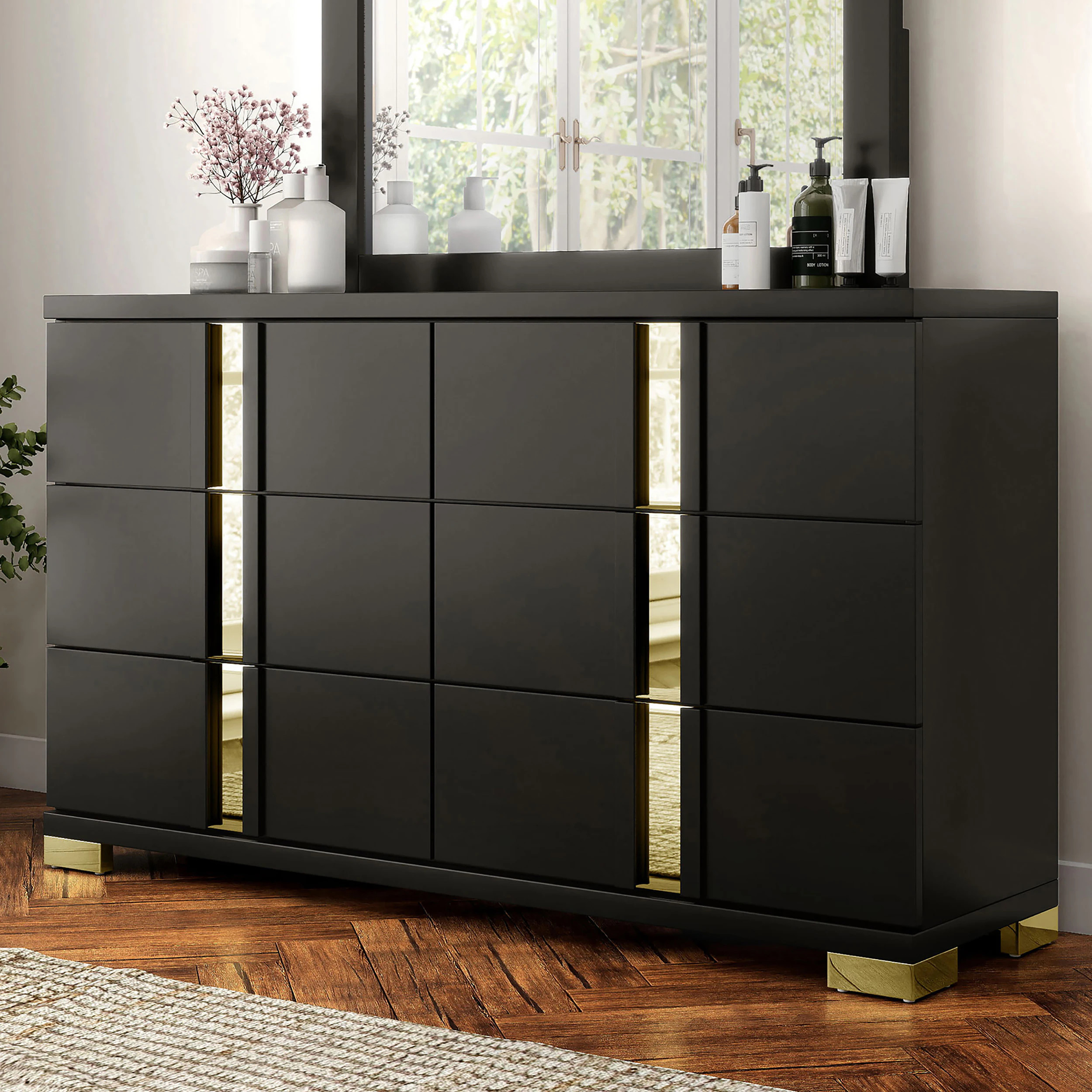Furniture of America Rhian Black/Gold Rubberwood 6 -Drawer 59-in W Standard dresser one_size | IDF-N7217BK-D | Lowe's
