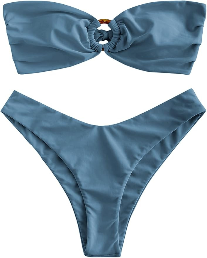 ZAFUL Women's Bandeau Bikini O Ring Strapless Tie Back High Cut Two Piece Swimsuit Bathing Suits | Amazon (US)