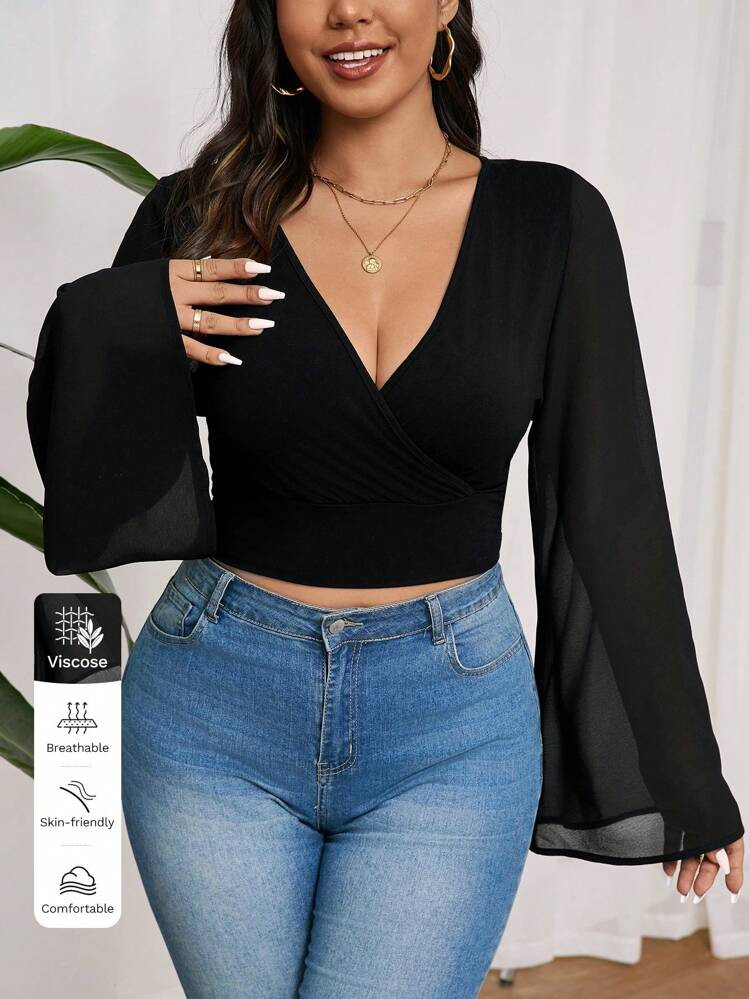 SHEIN Frenchy Elegant Minimalist Black Chiffon Patchwork Flare Sleeve Blouse For Plus Size Women, Autumn | SHEIN