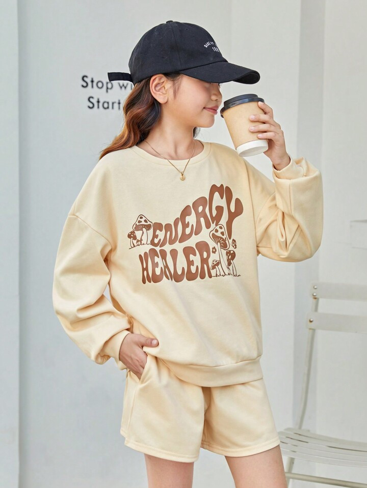 SHEIN Kids EVRYDAY Tween Girls Knitted Letter Pattern Round Neck Loose Sweatshirt With Pure Color... | SHEIN