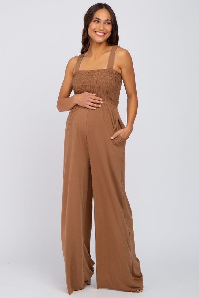 Camel Sleeveless Smocked Wide Leg Maternity Jumpsuit | PinkBlush Maternity