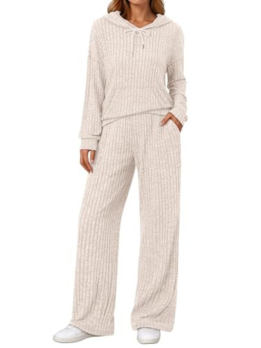 LILLUSORY Women 2 Piece Lounge Pajamas Sets Ribbed Knit Long Sleeve Sweater Hoodies Pants Matching Set 2025 Fall Outfits Apricot L | Amazon (US)