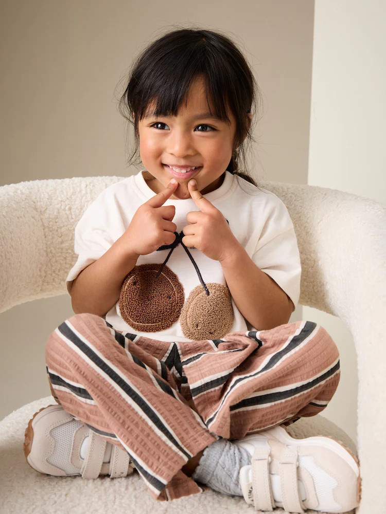 Ecru/ Brown Cherry Short Sleeve T-Shirt and Barrel Trousers Set (3mths-7yrs) | Next US