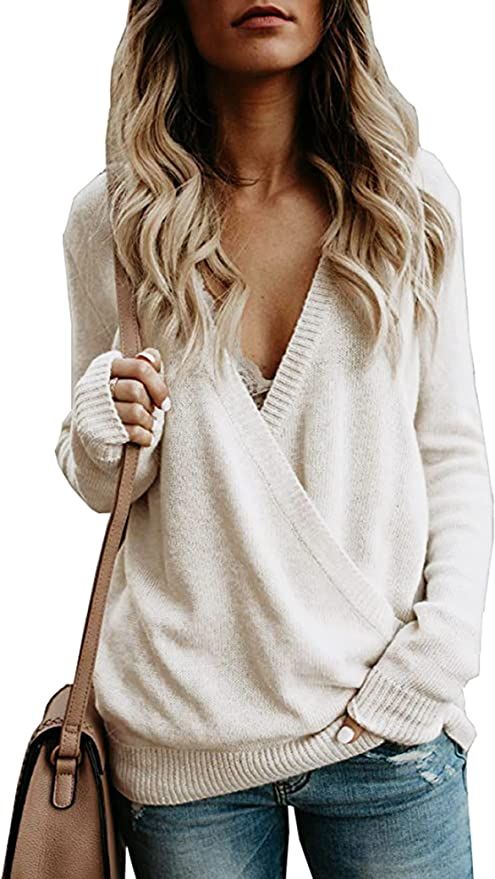 softome Womens Knitted Deep V-Neck Long Sleeve Wrap Front Loose Sweater Pullover Jumper Tops | Amazon (US)
