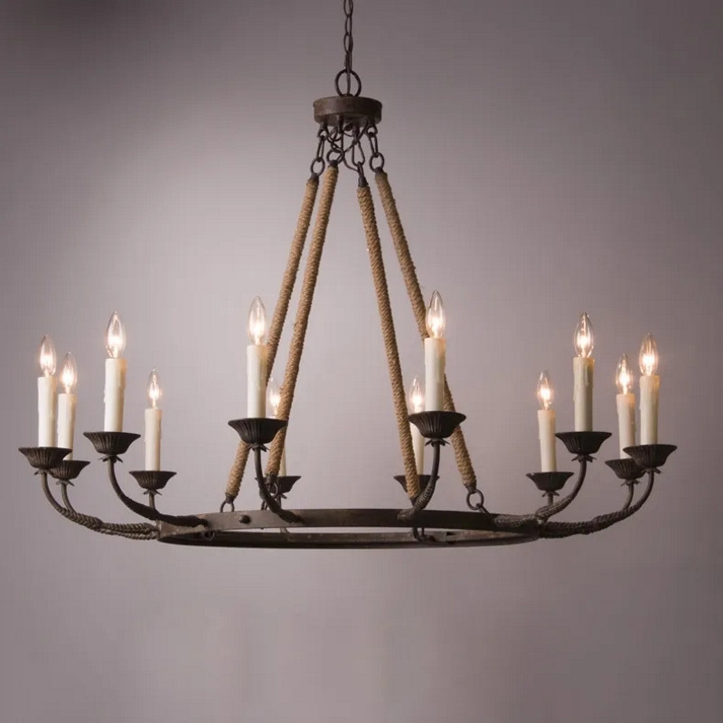 Bever Vintage Flaxen Hemp Rope & Metal 12-Light Rustic Round Candelabra Chandelier | Homary.com