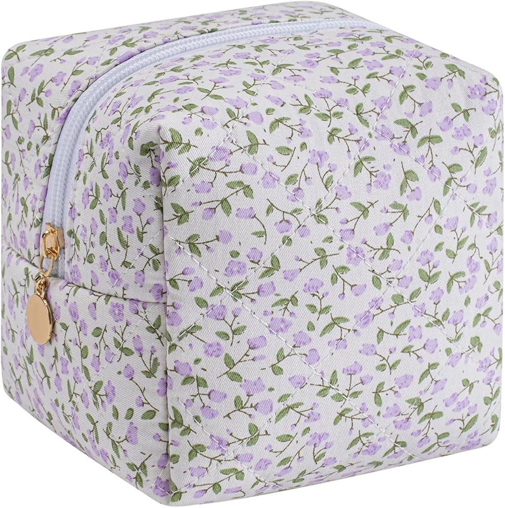 Cube Cosmetic Makeup Bag Small Cotton Quilted Makeup Pouch for Purse Cute Floral Travel Toiletry ... | Amazon (US)
